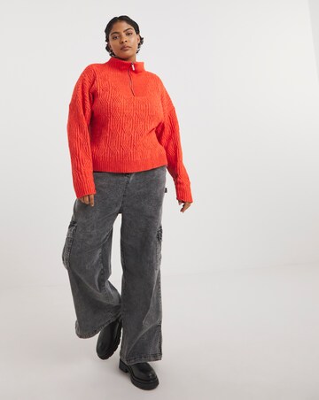 Native Youth Zip Up Funnle Neck Cable Knit Jumper With Dropped Shoulder