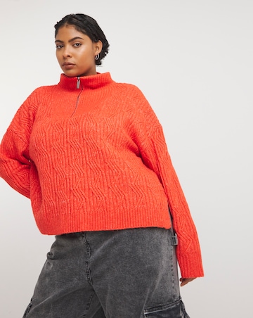 Native Youth Zip Up Funnle Neck Cable Knit Jumper With Dropped Shoulder