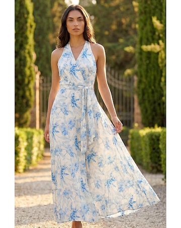 Roman Floral Swirl Halter Neck Dress