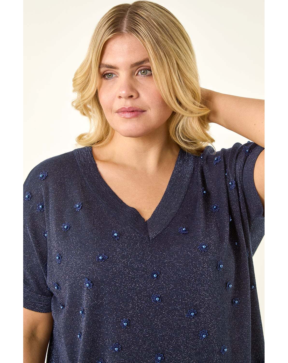 New In - Roman Curve Faux Pearl Embellished Top