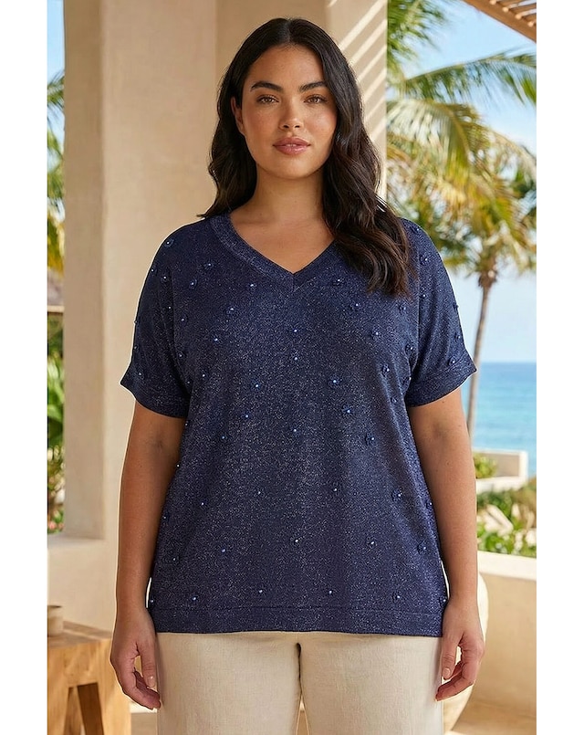 Roman Curve Faux Pearl Embellished Top