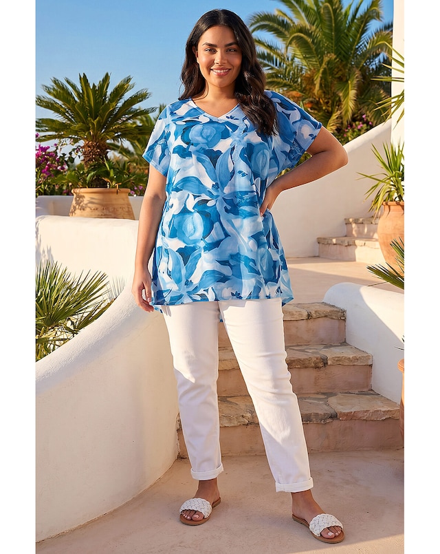 Roman Curve Abstract Print V-Neck Top