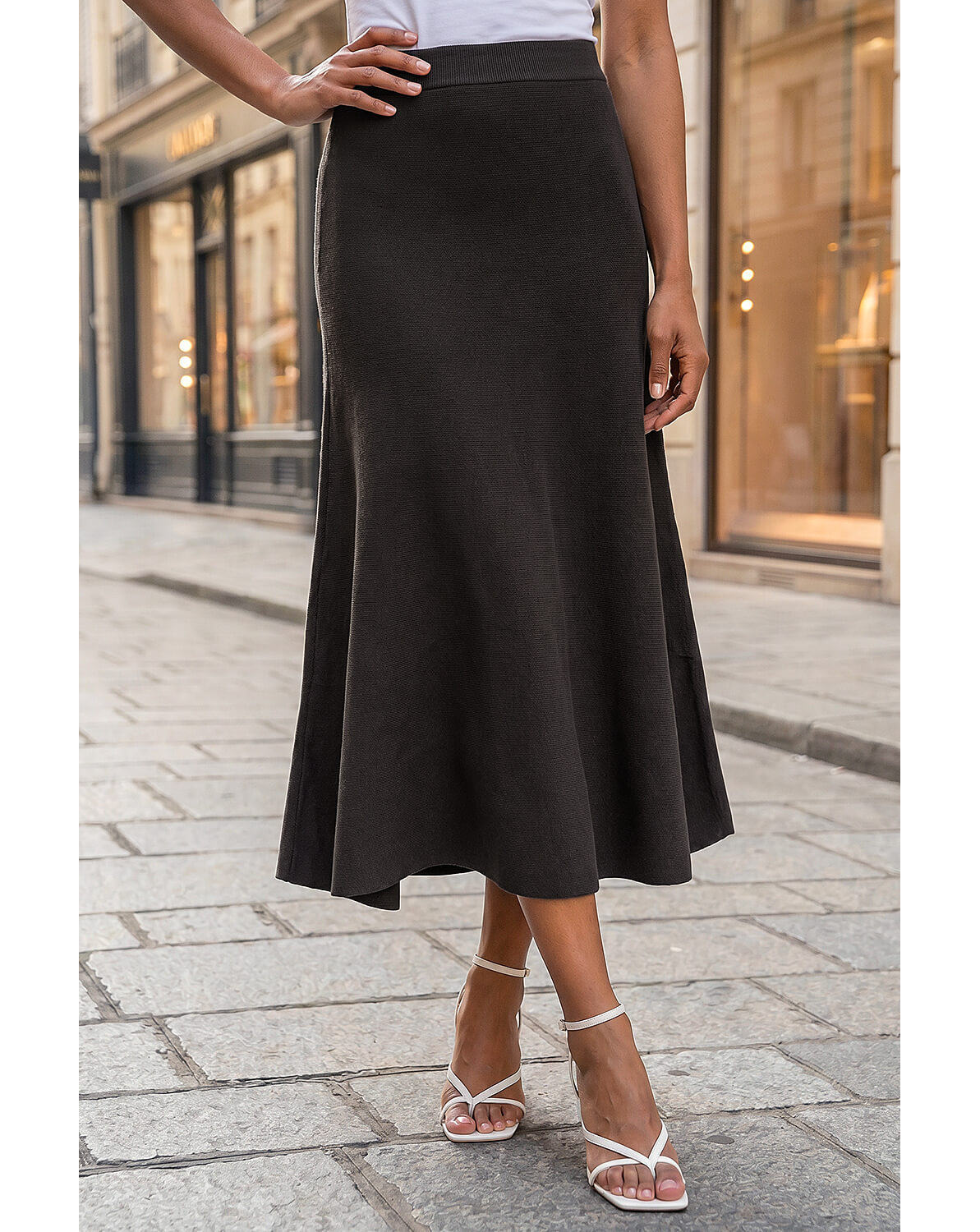 Roman Plain Elastic A Line Midi Skirt