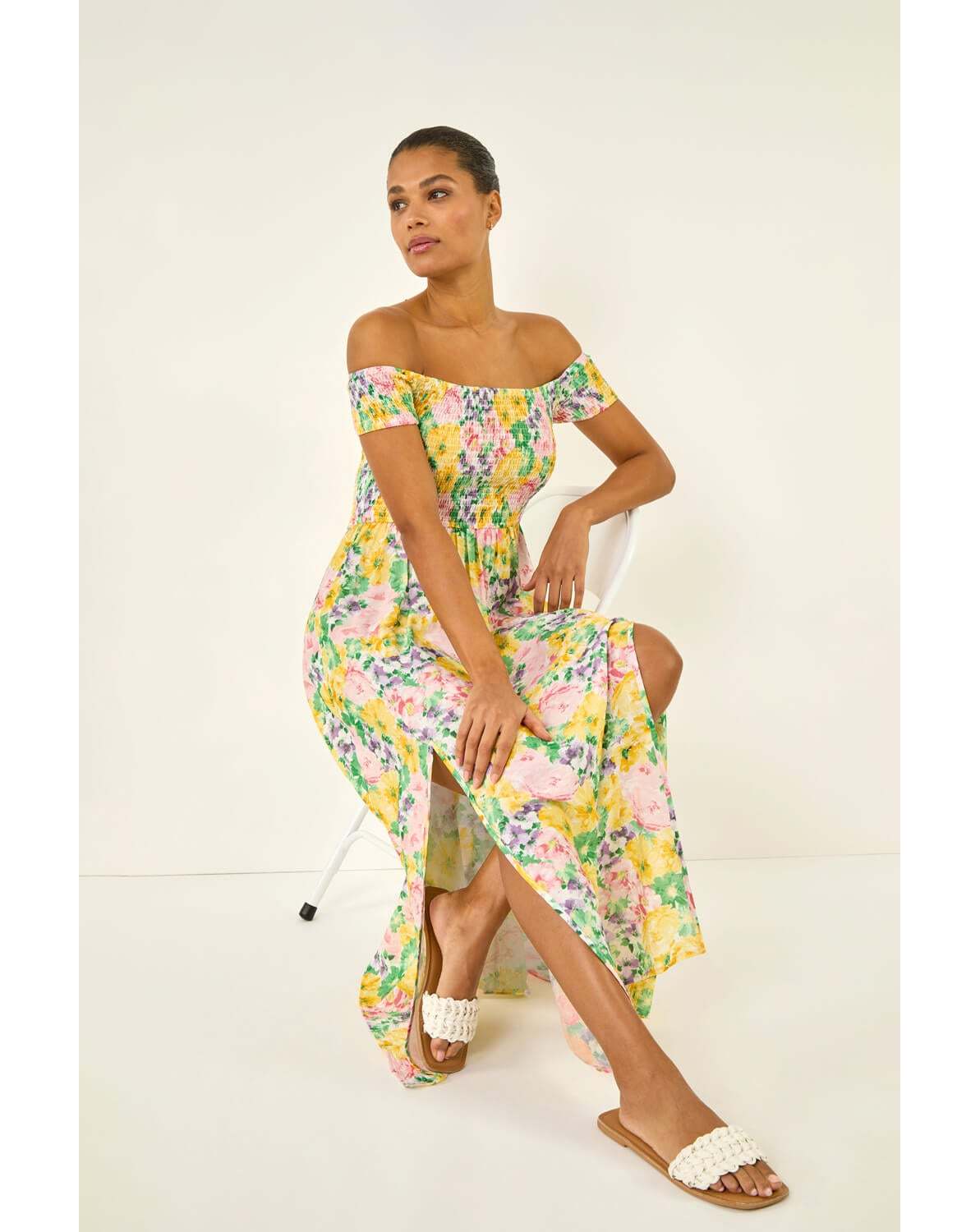 New In - Roman Floral Bardot Shirred Midi Dress
