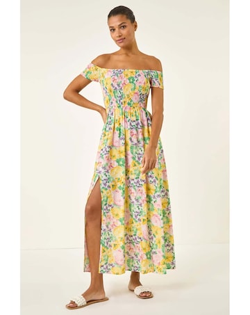Roman Floral Bardot Shirred Midi Dress