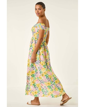 Roman Floral Bardot Shirred Midi Dress
