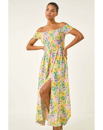 Roman Floral Bardot Shirred Midi Dress