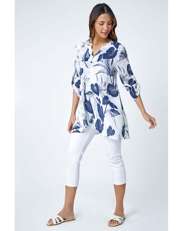 Roman Palm Print V-Neck Wrap Tunic Top