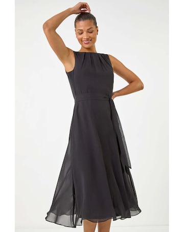 Roman Chiffon Pleat Neck Midi Dress