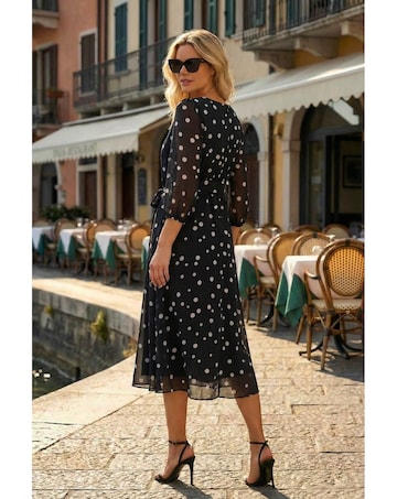 Roman Polka Dot Pleat Neck Midi Dress