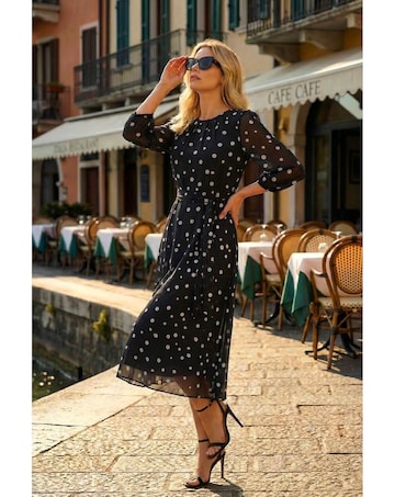 Roman Polka Dot Pleat Neck Midi Dress