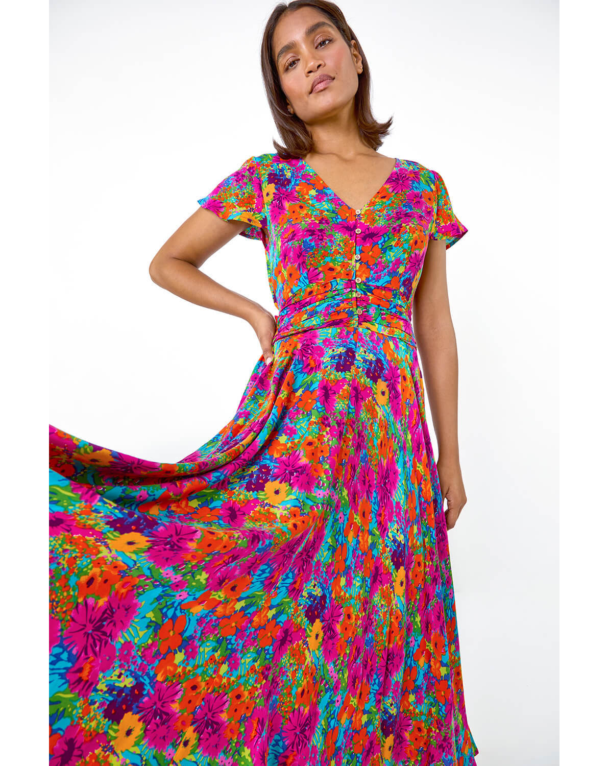 New In - Roman Floral Ruched Waist Maxi Dress
