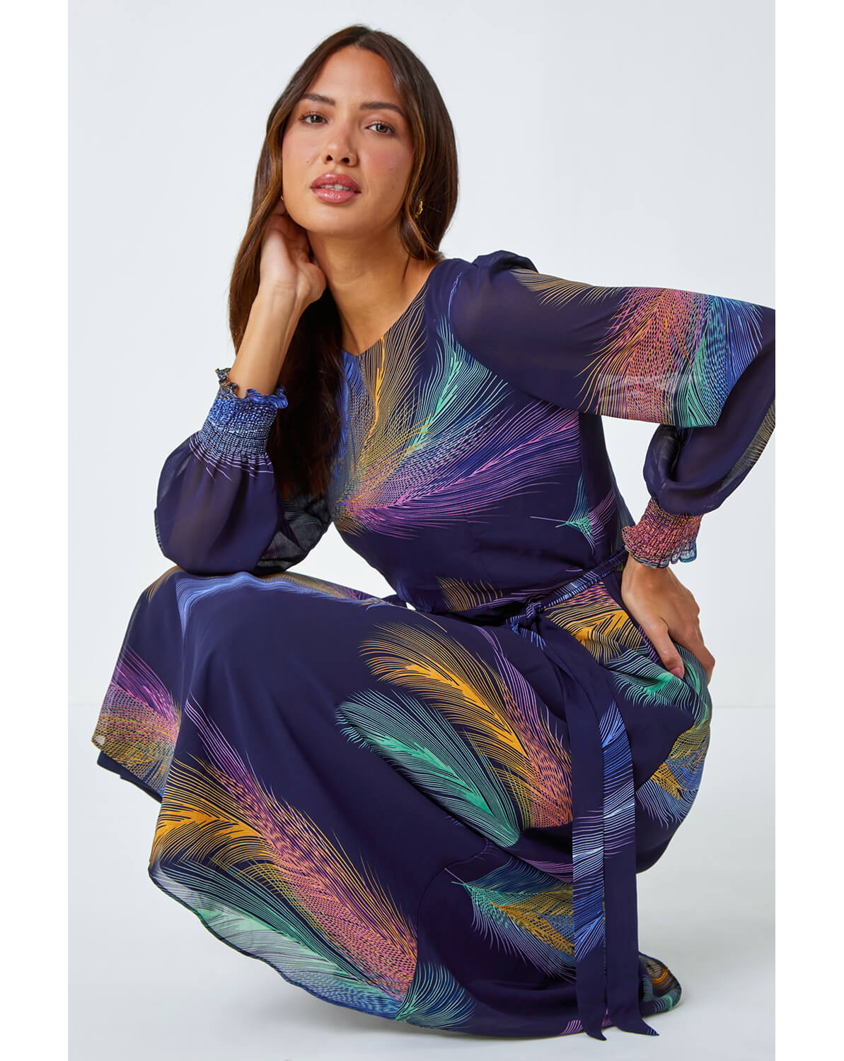 New In - Roman Feather Print Belted Midi Dress