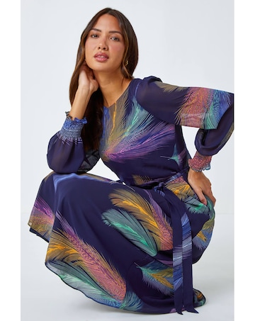 Roman Feather Print Belted Midi Dress