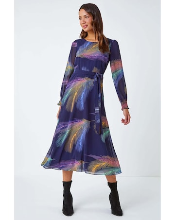 Roman Feather Print Belted Midi Dress