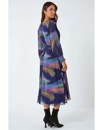 Roman Feather Print Belted Midi Dress