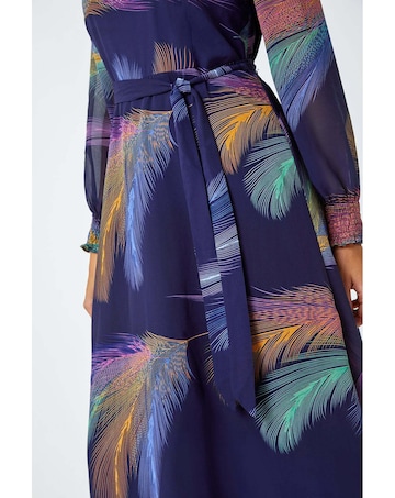 Roman Feather Print Belted Midi Dress