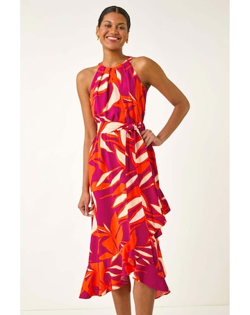 Roman Floral Print Frill Wrap Midi Dress