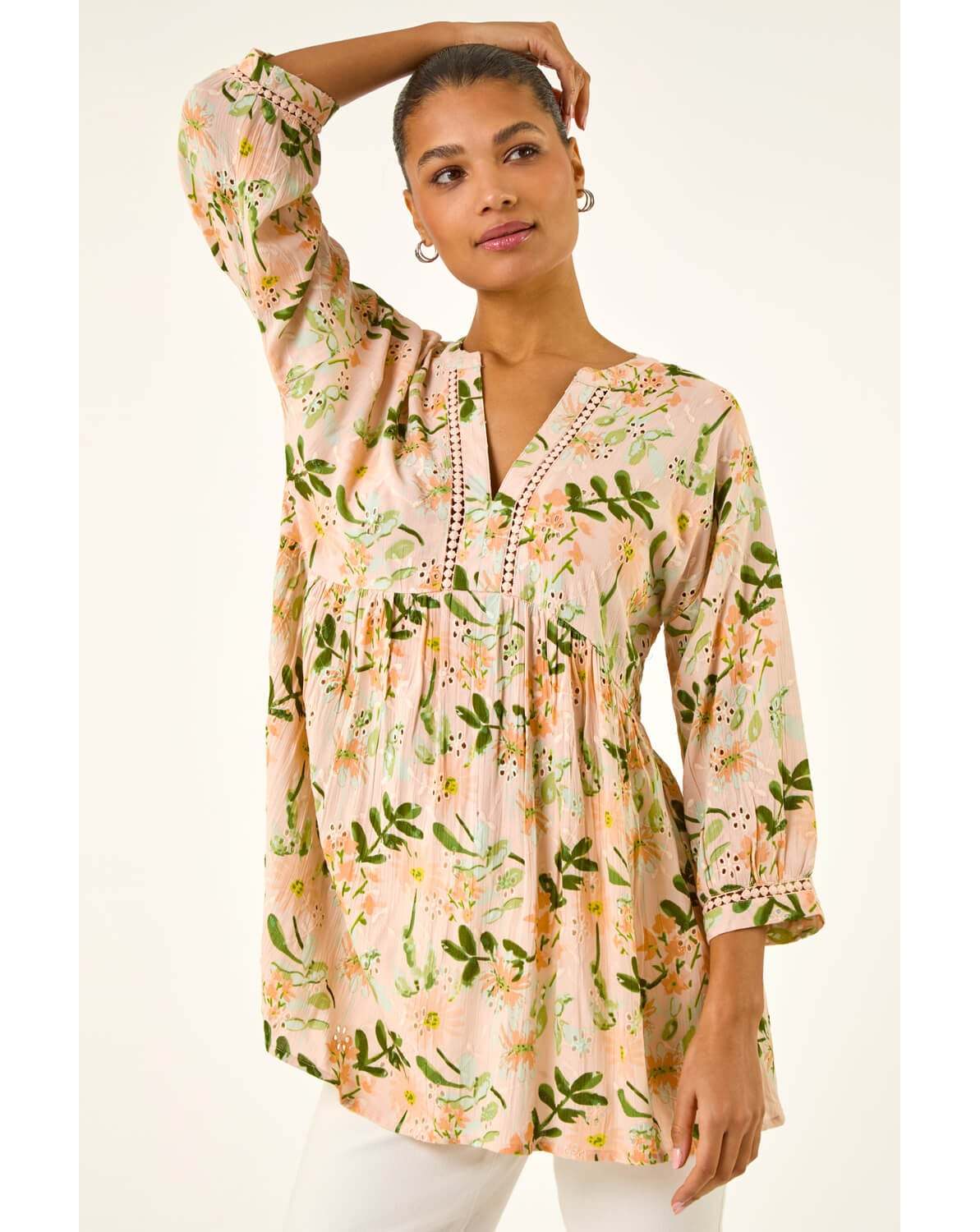 New In - Roman Floral Broderie Trim Tunic Top