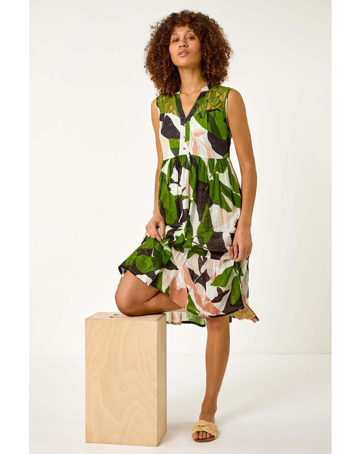 New In - Roman Leaf Print Tiered Smock Midi Dress