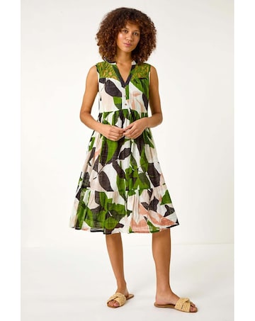 Roman Leaf Print Tiered Smock Midi Dress