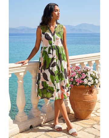 Roman Leaf Print Tiered Smock Midi Dress