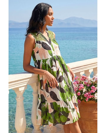 Roman Leaf Print Tiered Smock Midi Dress