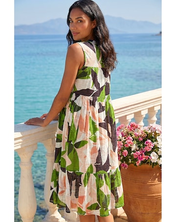 Roman Leaf Print Tiered Smock Midi Dress
