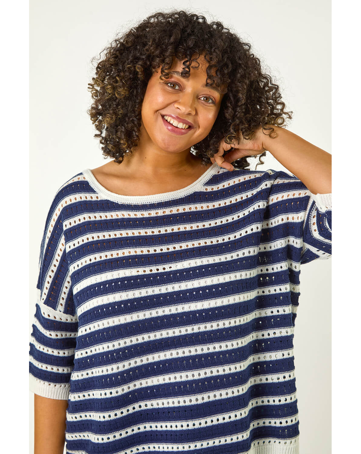 New In - Roman Curve Crochet Stripe Knit Top