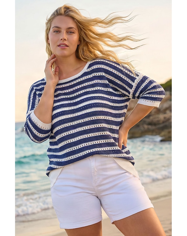 Roman Curve Crochet Stripe Knit Top
