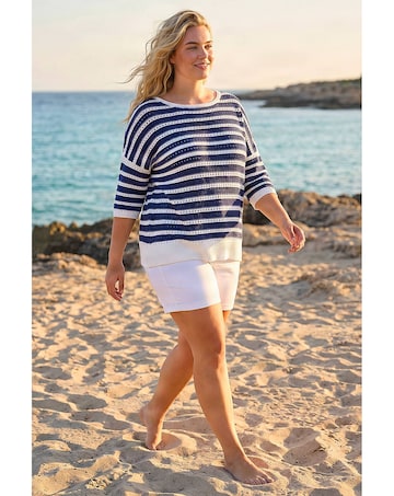 Roman Curve Crochet Stripe Knit Top