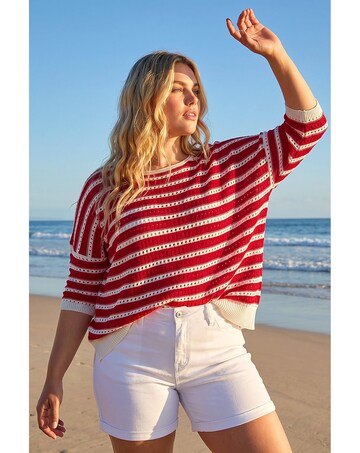 Roman Curve Crochet Stripe Knit Top