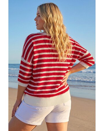 Roman Curve Crochet Stripe Knit Top