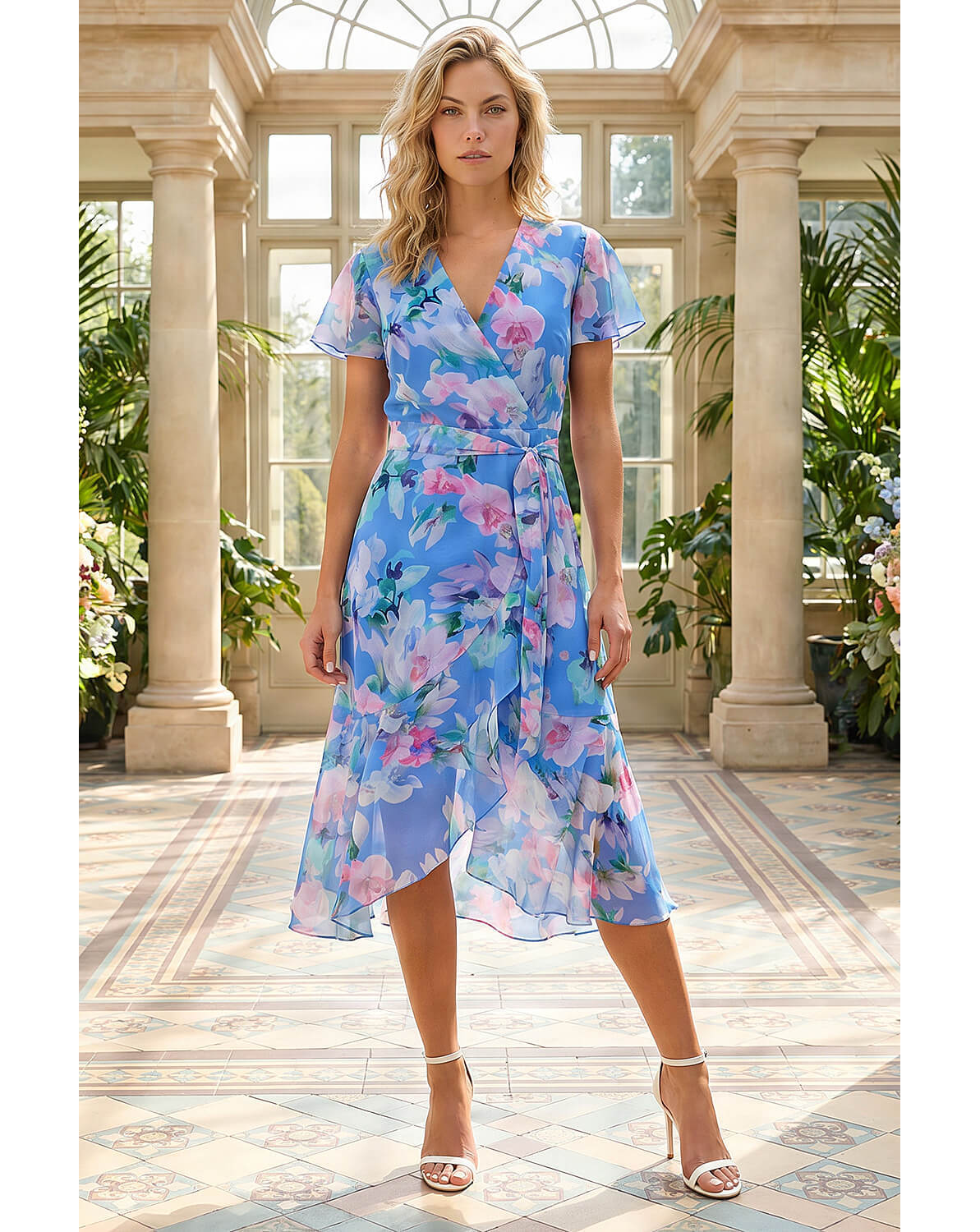 Roman Floral Frill Detail Wrap Dress