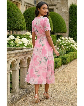 Roman Floral Print Pleat Neck Midi Dress