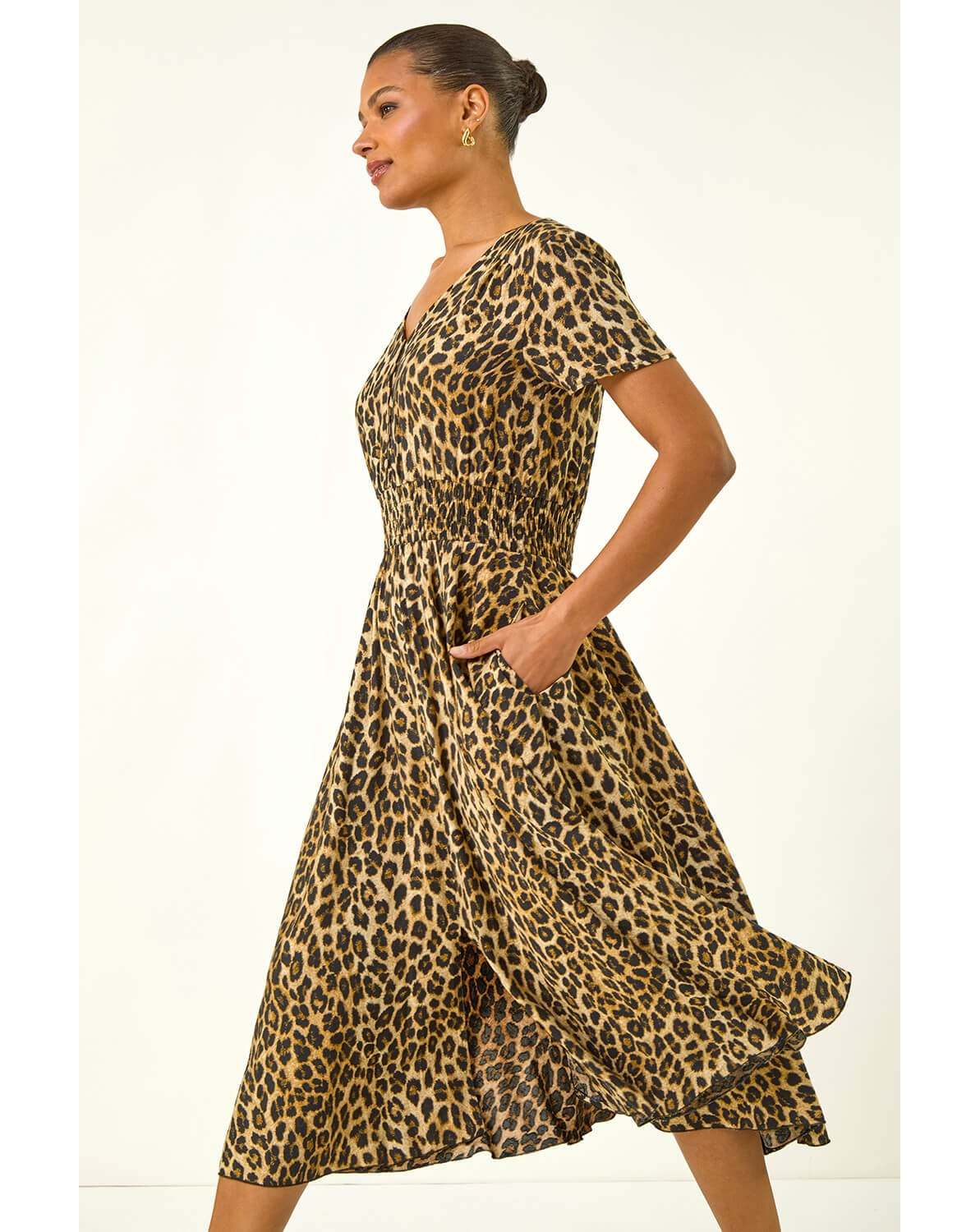 New In - Roman Animal Print Shirred Midi Dress