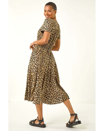 Roman Animal Print Shirred Midi Dress