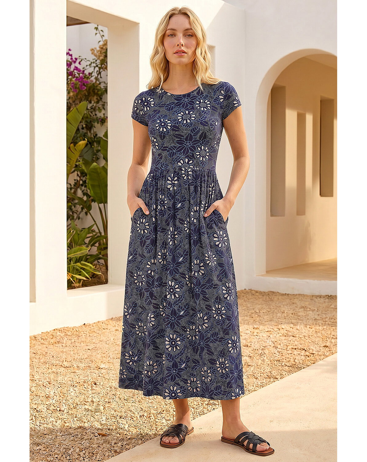 Roman Floral Pocket Stretch Midi Dress