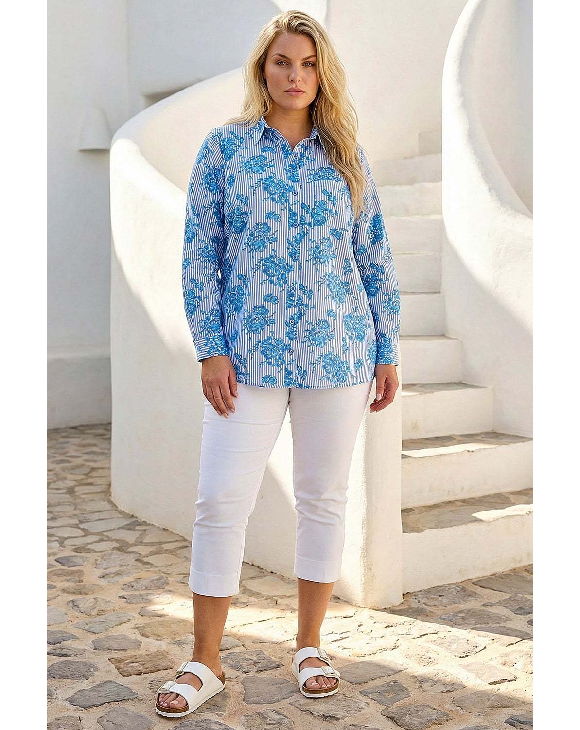 New In - Roman Curve Stripe Floral Print Blouse