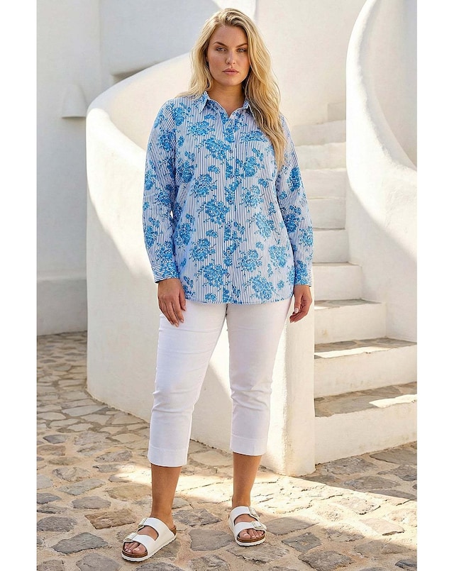 Roman Curve Stripe Floral Print Blouse