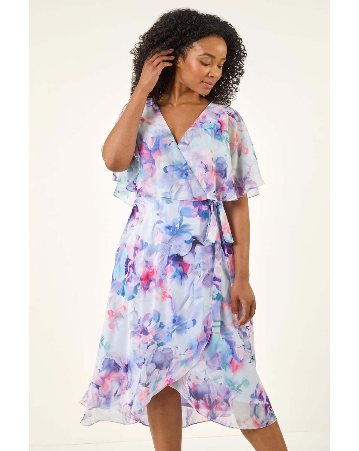 New In - Roman Petite Floral Tie Front Cape Dress