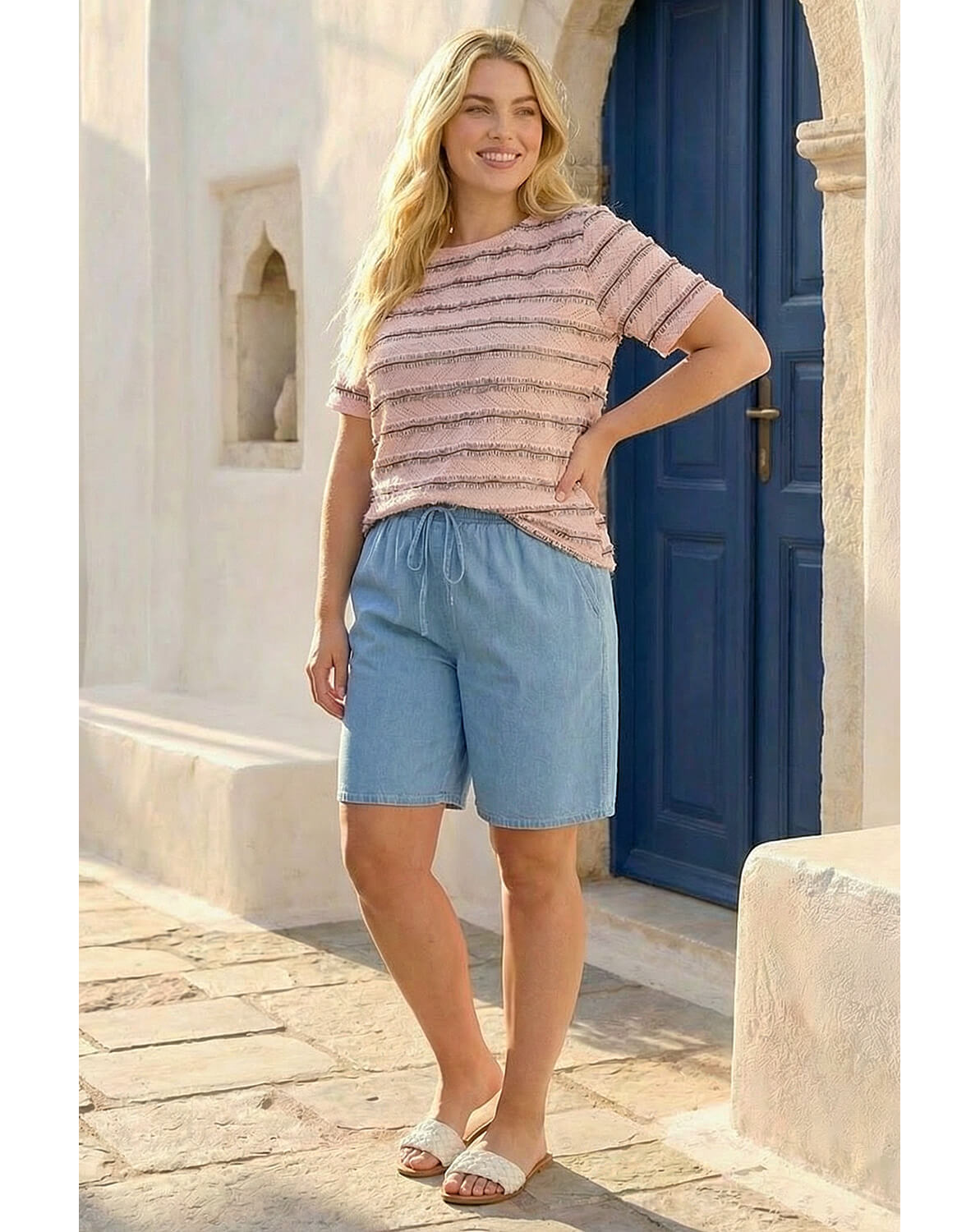 New In - Roman Curve Stripe Frill Lace Top
