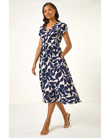 Roman Leaf Print V-Neck Midi Dress