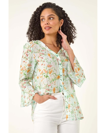 Roman Floral Flare Sleeve Blouse