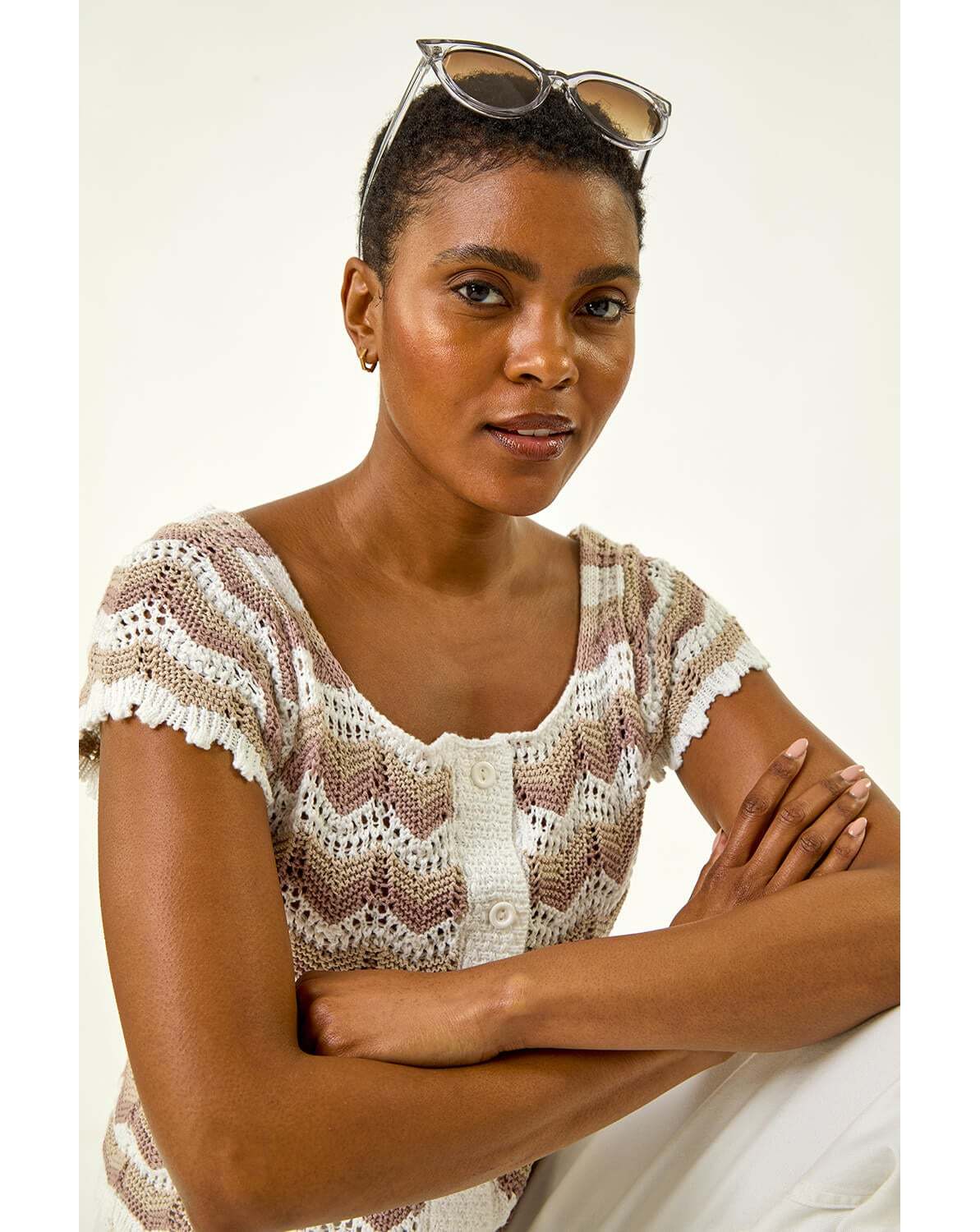 New In - Roman Wave Crochet Buttoned Top