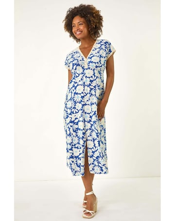 Roman Daisy Print Lace Trim Midi Dress