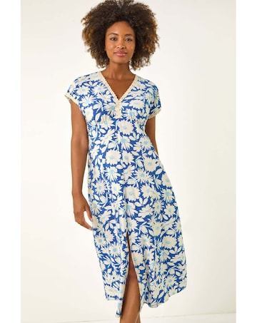 Roman Daisy Print Lace Trim Midi Dress