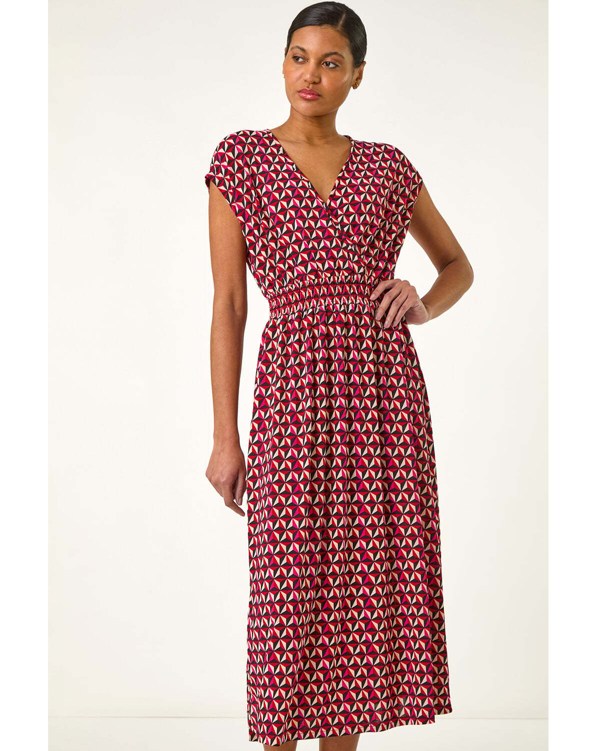 New In - Roman Geo V-Neck Stretch Midi Dress