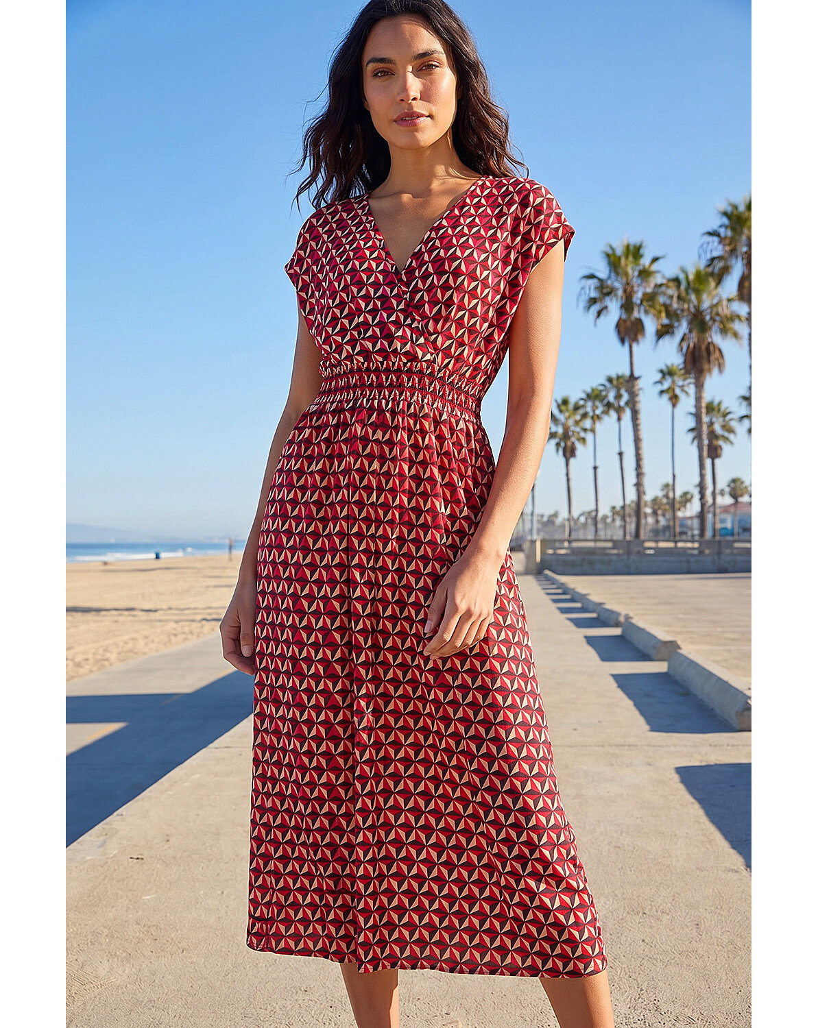 Roman Geo V-Neck Stretch Midi Dress