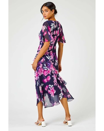 Roman Floral Chiffon Frill  Midi Dress
